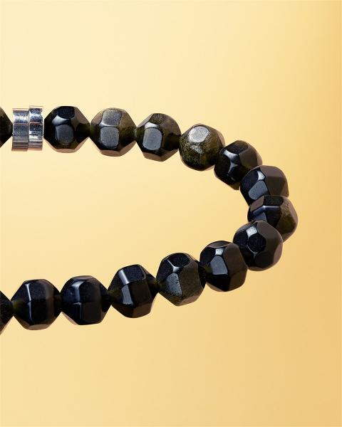 6mm Armband mit grünen Obsidian Steinen und Titanium Element - Hexa Green